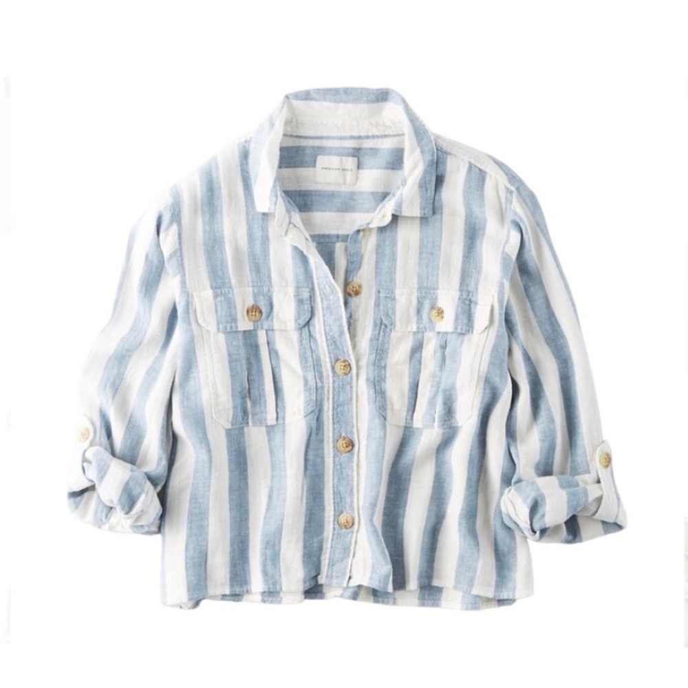 American 🦅 Linen Striped Top (Beach Boho Coastal Festival Hippie Indie Nautical) - Picture 3 of 6